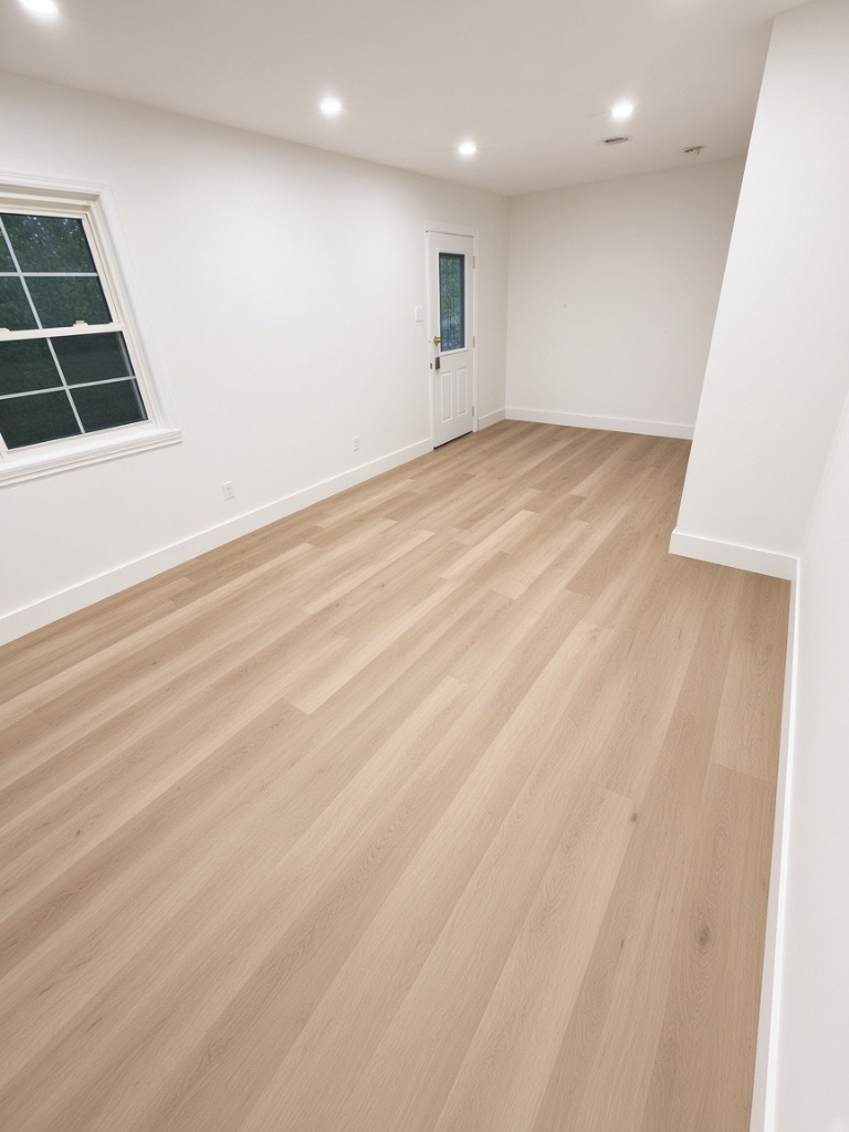 Seamless hardwood flooring installation in open living room